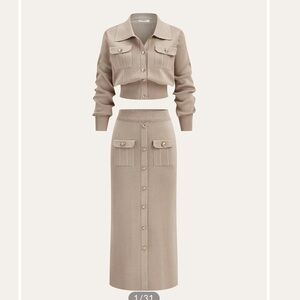 Commense Knit Button-Front Two-Piece Dress Set in Beige